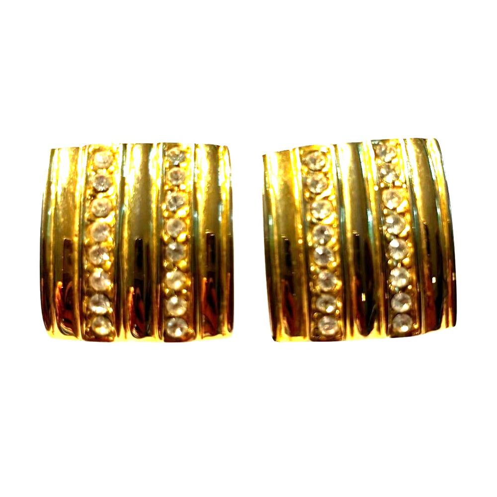 Gold pierced earrings textured dimensional squares & white rhinestones 1980’s